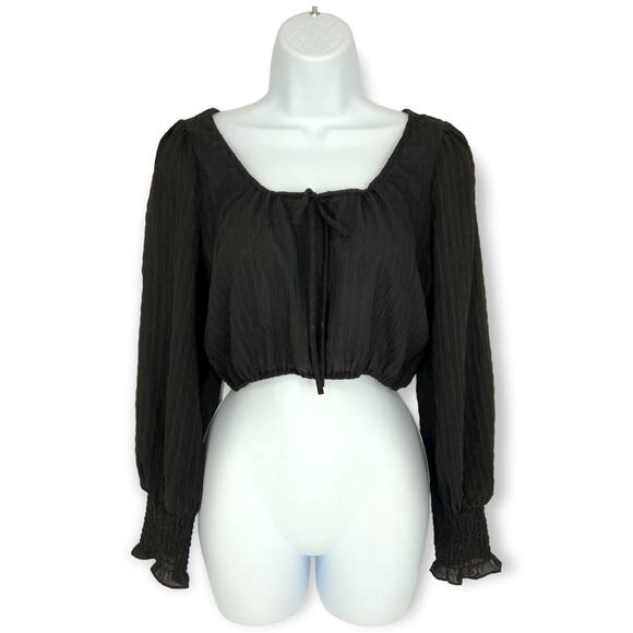 WAYF Nordstrom | NWT | Small | Gauzy Semi-Sheer Black Long Sleeve Cropped Blouse - Picture 1 of 9